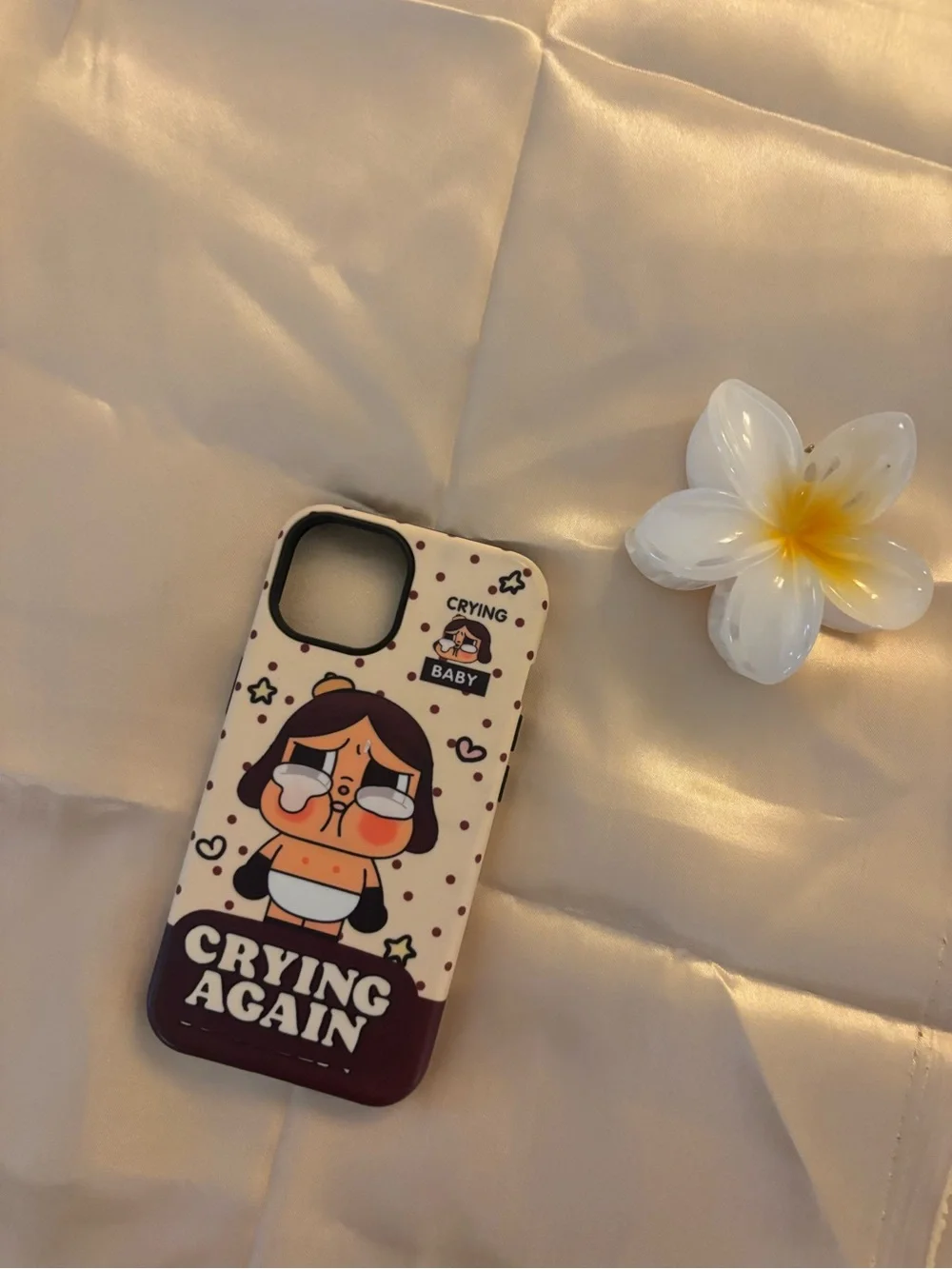 Cute 'Crying Again' Cartoon Phone Case - Beige & Brown